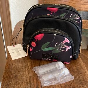 Ted Baker London 3PC Cosmetic Bag Gift Set Scattered Bouquet/Black Floral NWT